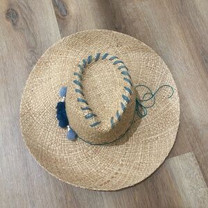 Beach by Fiora Bella Straw Sun Hat with Blue Pom Poms